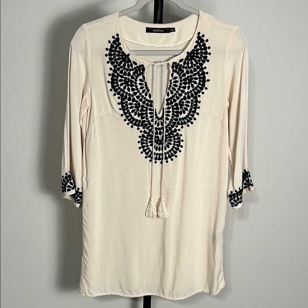 Anthro Maeve Cream Embroidered Tassel Blouse
